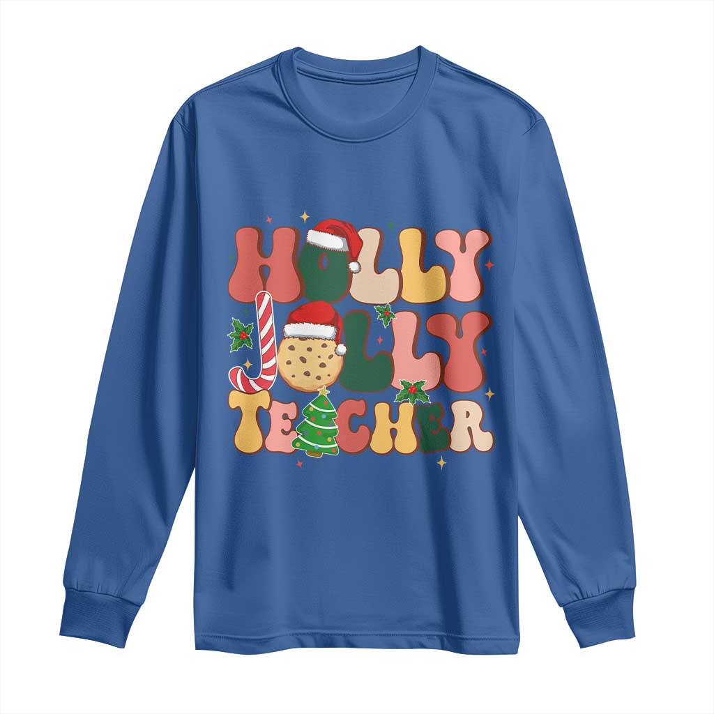 Groovy Holly Jolly Teacher Christmas Retro Xmas Long Sleeve Shirt TS02 Royal Blue Print Your Wear
