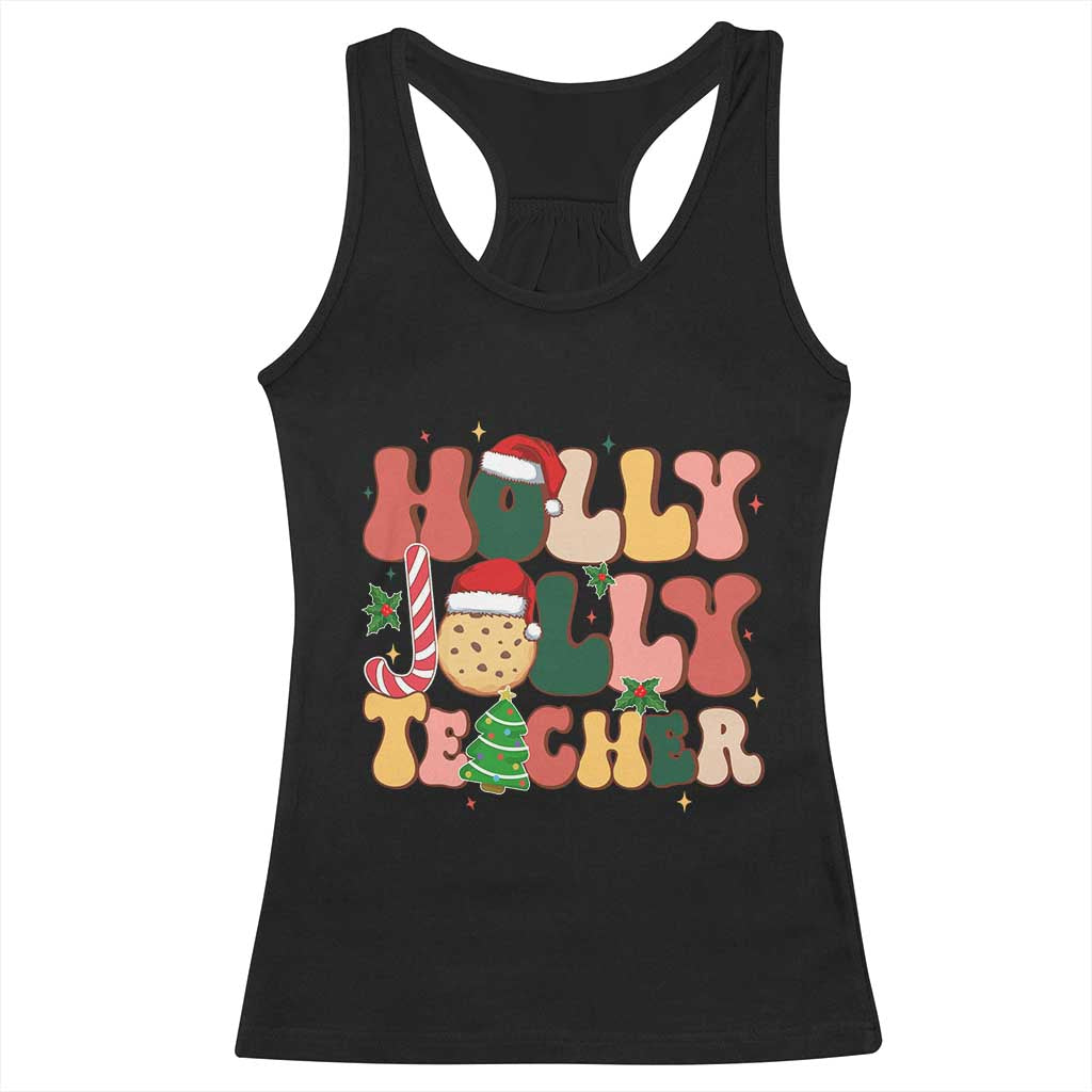 Groovy Holly Jolly Teacher Christmas Retro Xmas Racerback Tank Top TS02 Black Print Your Wear