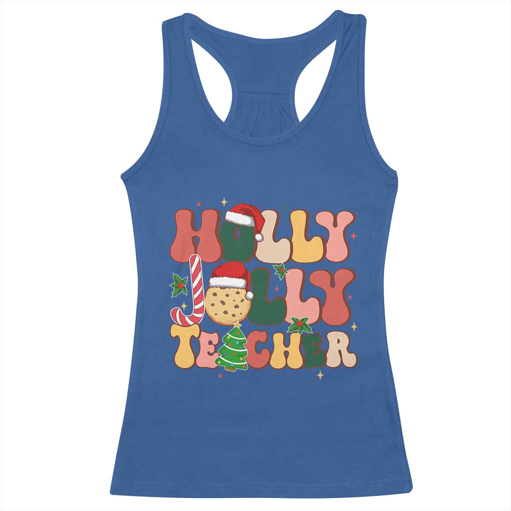 Groovy Holly Jolly Teacher Christmas Retro Xmas Racerback Tank Top TS02 Royal Blue Print Your Wear