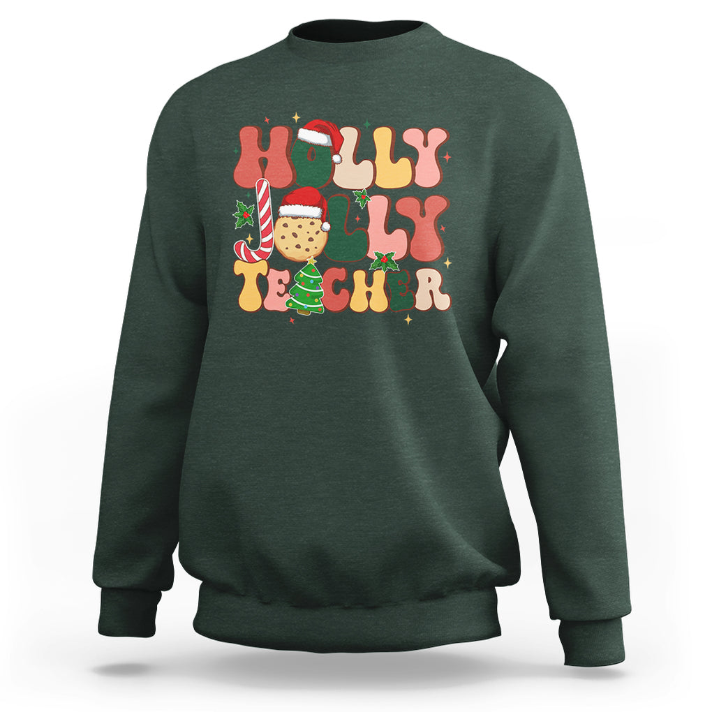 Groovy Holly Jolly Teacher Christmas Retro Xmas Sweatshirt TS02 Dark Forest Green Printyourwear