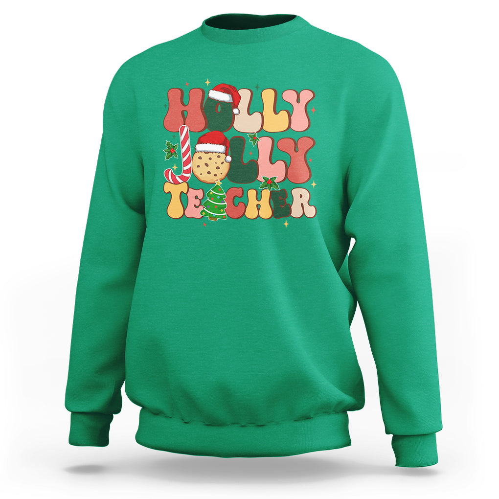 Groovy Holly Jolly Teacher Christmas Retro Xmas Sweatshirt TS02 Irish Green Printyourwear