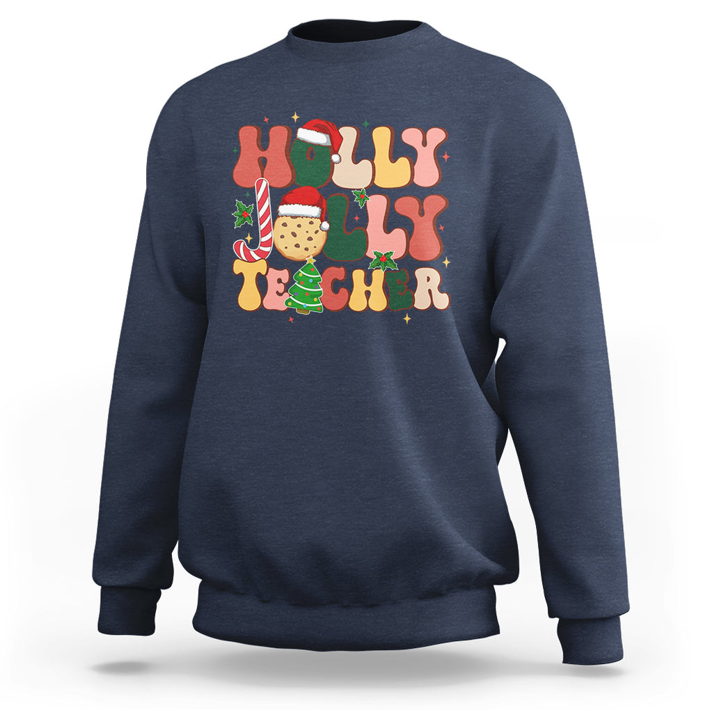 Groovy Holly Jolly Teacher Christmas Retro Xmas Sweatshirt TS02 Navy Printyourwear