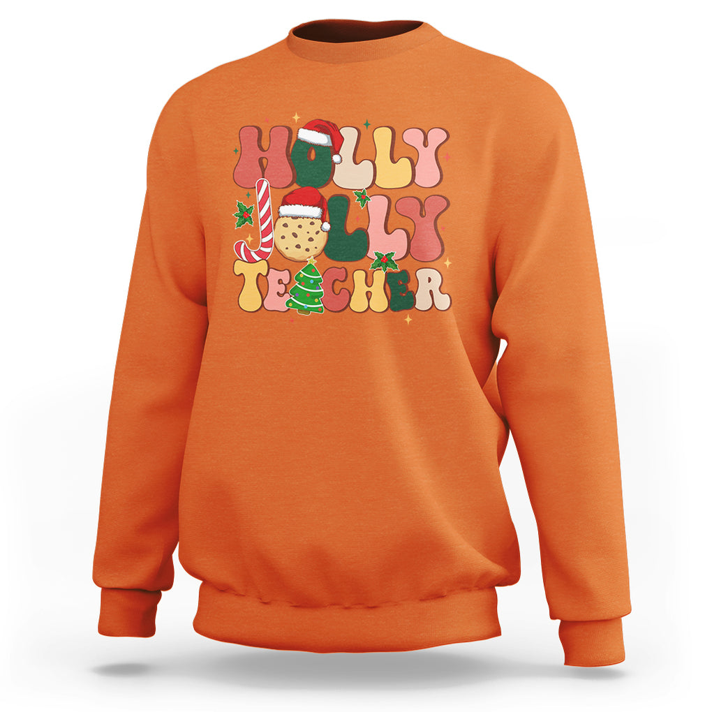 Groovy Holly Jolly Teacher Christmas Retro Xmas Sweatshirt TS02 Orange Printyourwear