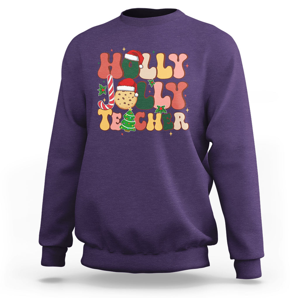Groovy Holly Jolly Teacher Christmas Retro Xmas Sweatshirt TS02 Purple Printyourwear