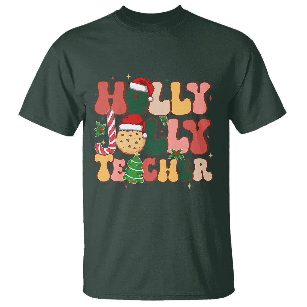 Groovy Holly Jolly Teacher Christmas Retro Xmas T Shirt TS02 Dark Forest Green Printyourwear
