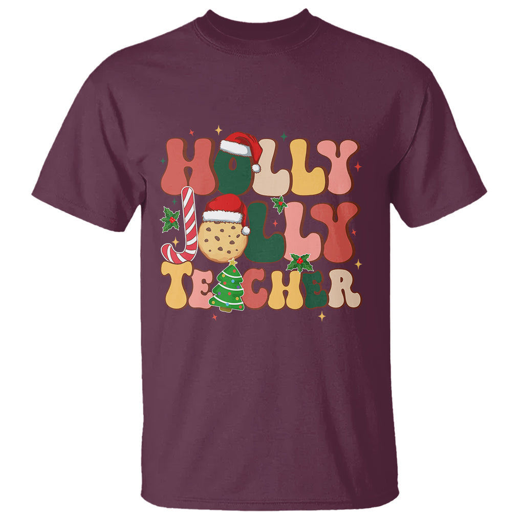 Groovy Holly Jolly Teacher Christmas Retro Xmas T Shirt TS02 Maroon Printyourwear