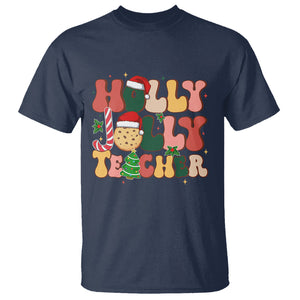 Groovy Holly Jolly Teacher Christmas Retro Xmas T Shirt TS02 Navy Printyourwear