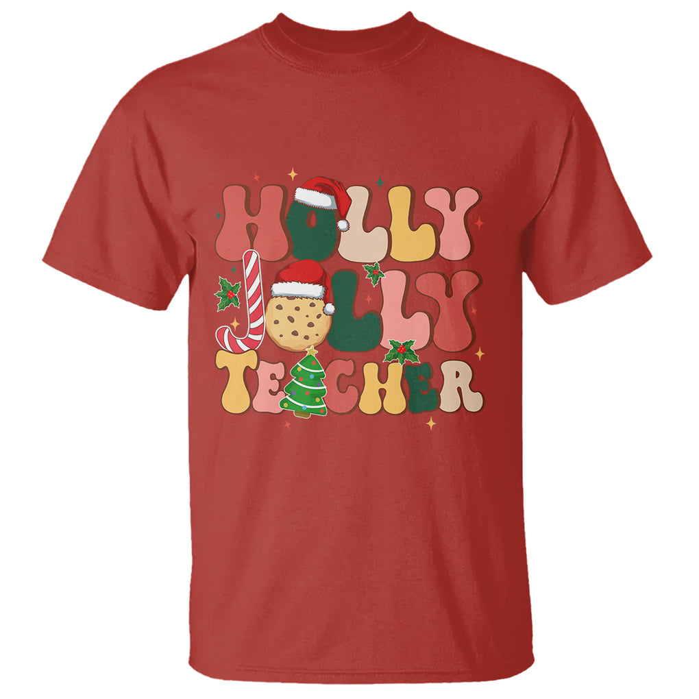 Groovy Holly Jolly Teacher Christmas Retro Xmas T Shirt TS02 Red Printyourwear