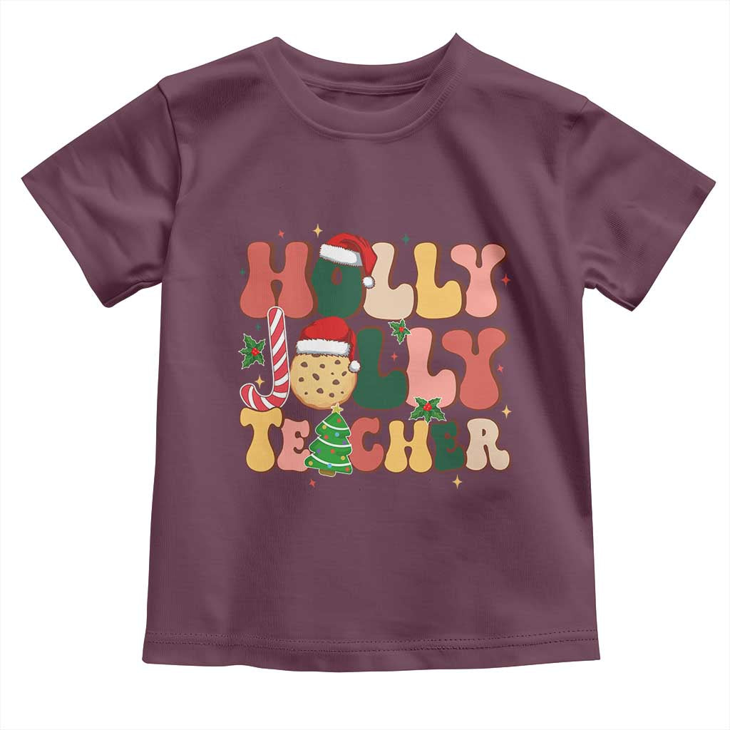 Groovy Holly Jolly Teacher Christmas Retro Xmas Toddler T Shirt TS02 Maroon Print Your Wear