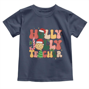 Groovy Holly Jolly Teacher Christmas Retro Xmas Toddler T Shirt TS02 Navy Print Your Wear