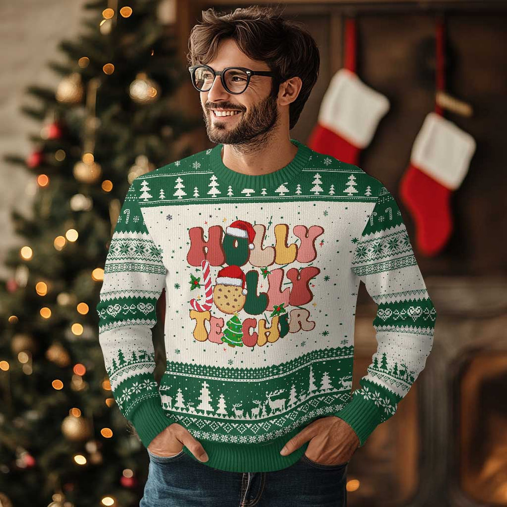 Groovy Holly Jolly Teacher Christmas Retro Xmas Ugly Christmas Sweater TS02 Green Print Your Wear