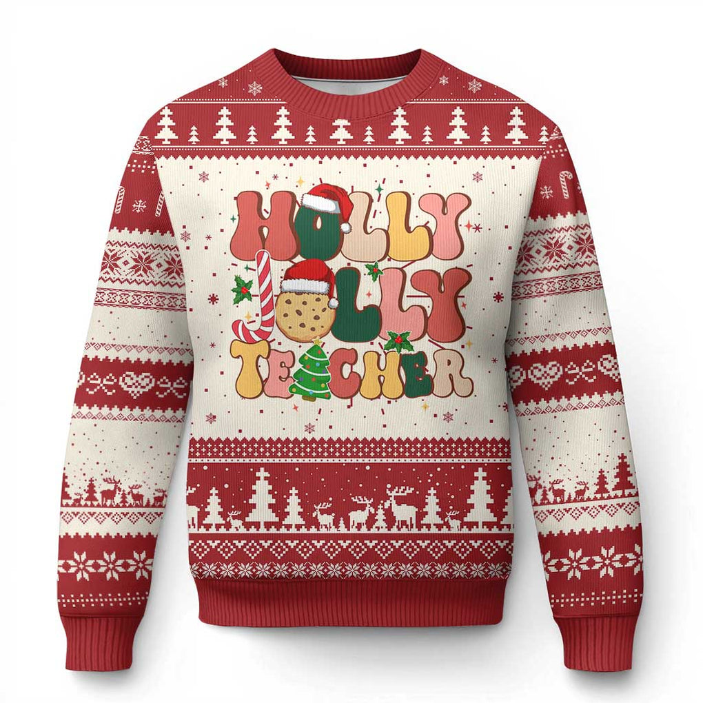 Groovy Holly Jolly Teacher Christmas Retro Xmas Ugly Christmas Sweater TS02 Red Print Your Wear