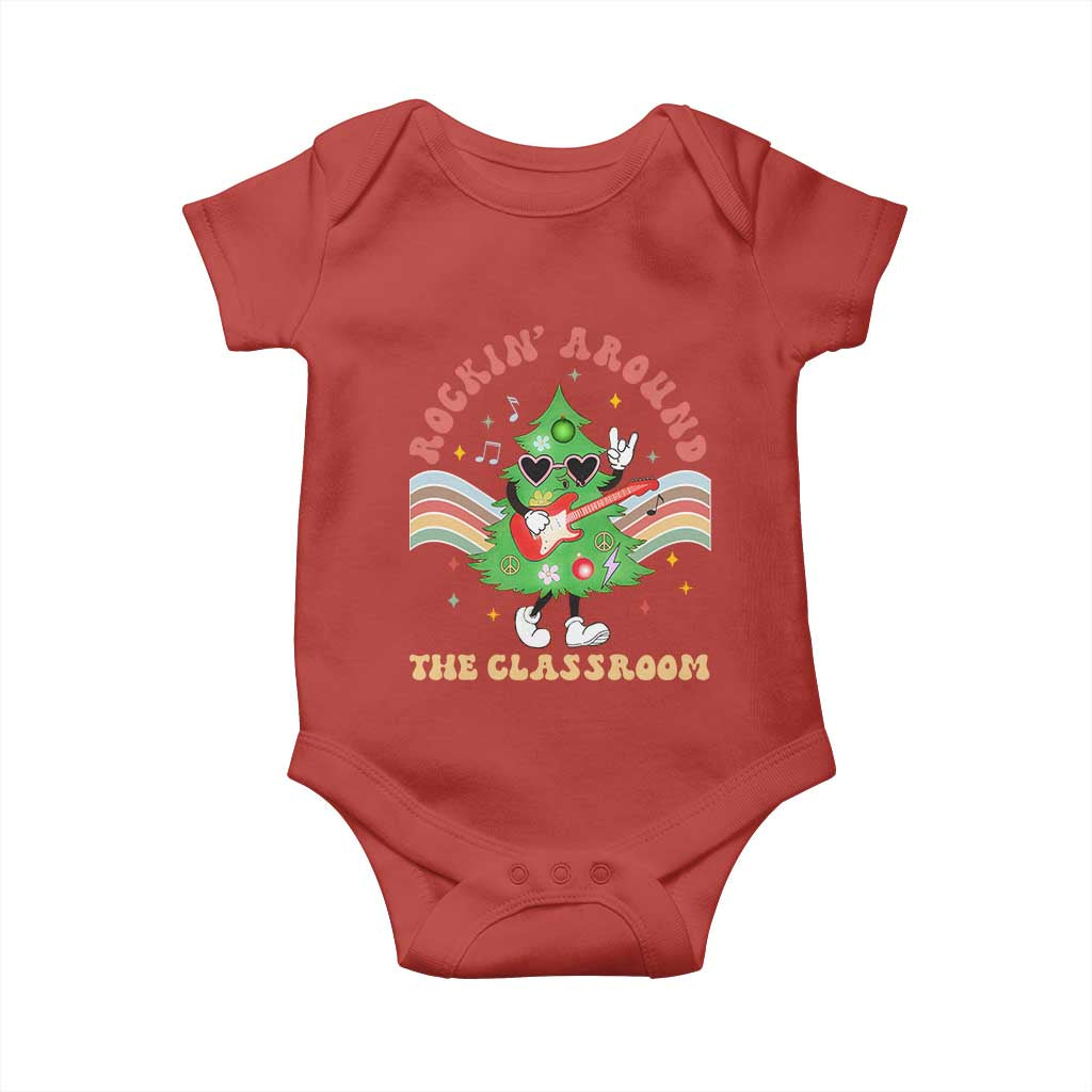 Teacher Christmas Baby Onesie Rockin' Around The Classroom Groovy Xmas Tree TS02 Red Print Your Wear