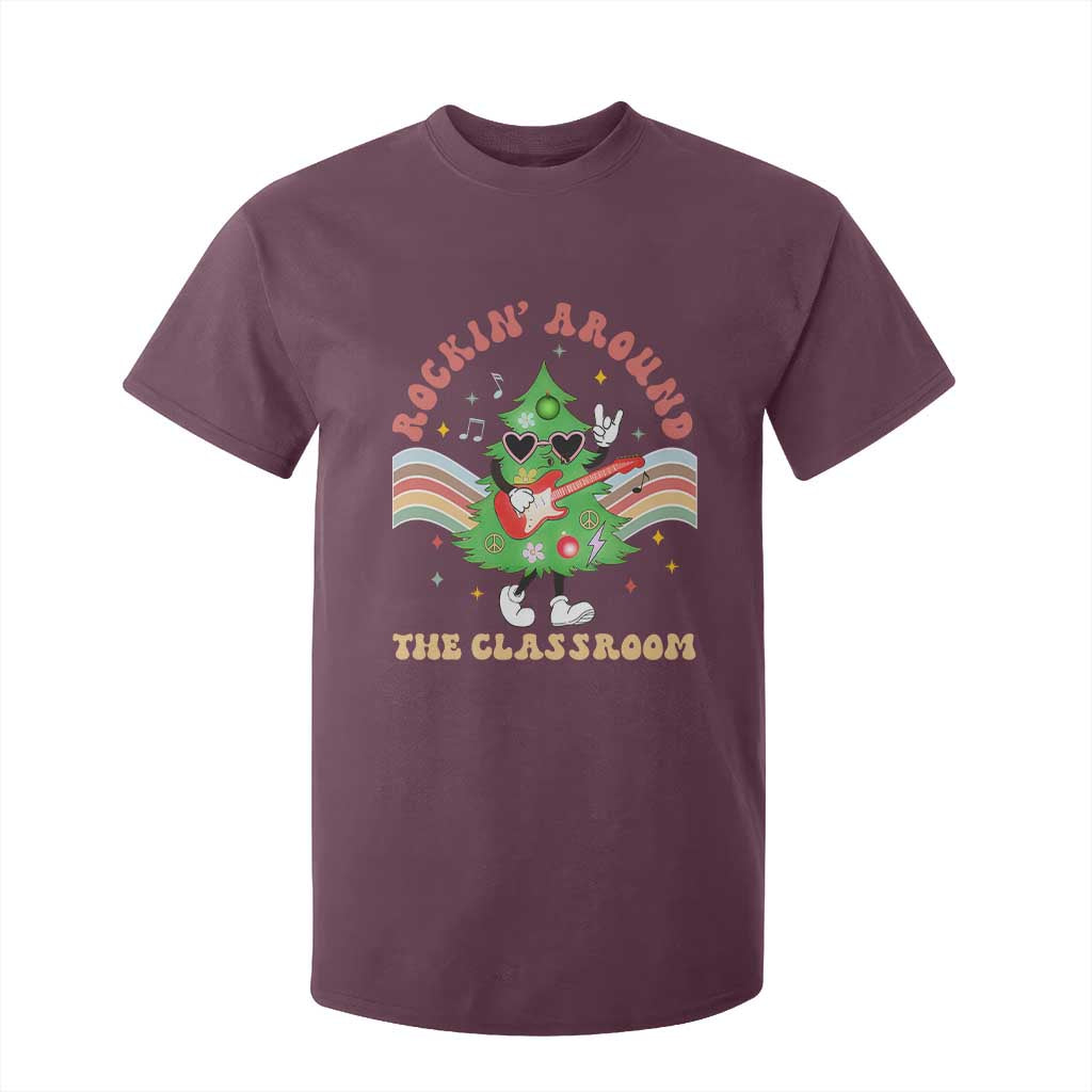 Teacher Christmas T Shirt For Kid Rockin' Around The Classroom Groovy Xmas Tree TS02 Maroon Print Your Wear