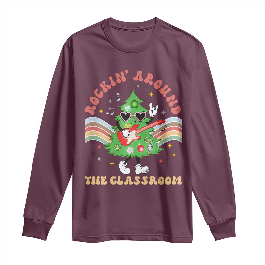 Teacher Christmas Long Sleeve Shirt Rockin' Around The Classroom Groovy Xmas Tree TS02 Maroon Print Your Wear