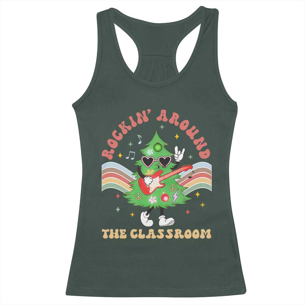 Teacher Christmas Racerback Tank Top Rockin' Around The Classroom Groovy Xmas Tree TS02 Dark Forest Green Print Your Wear