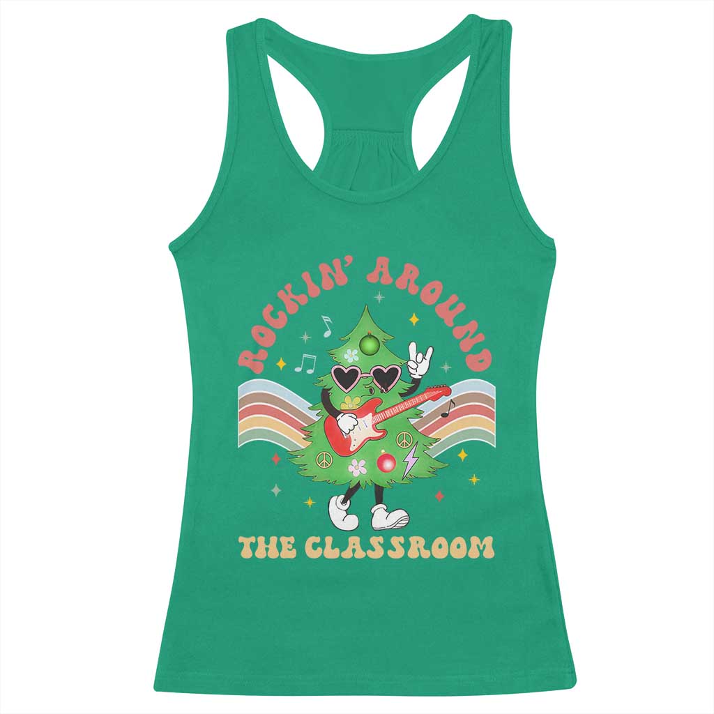Teacher Christmas Racerback Tank Top Rockin' Around The Classroom Groovy Xmas Tree TS02 Irish Green Print Your Wear