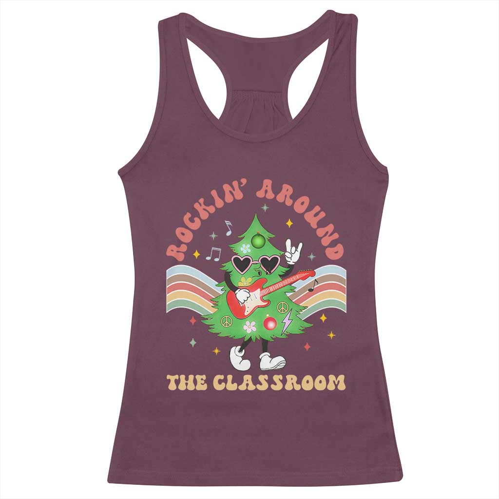 Teacher Christmas Racerback Tank Top Rockin' Around The Classroom Groovy Xmas Tree TS02 Maroon Print Your Wear