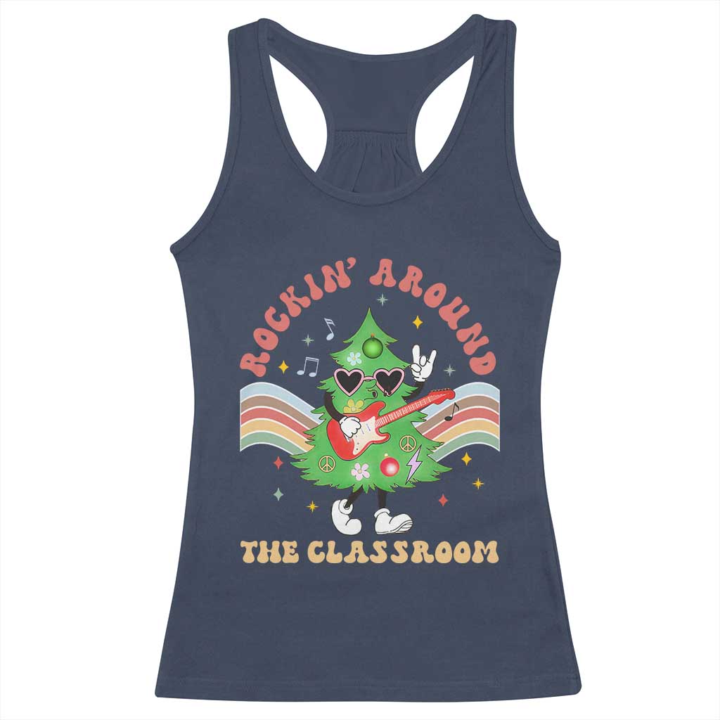 Teacher Christmas Racerback Tank Top Rockin' Around The Classroom Groovy Xmas Tree TS02 Navy Print Your Wear