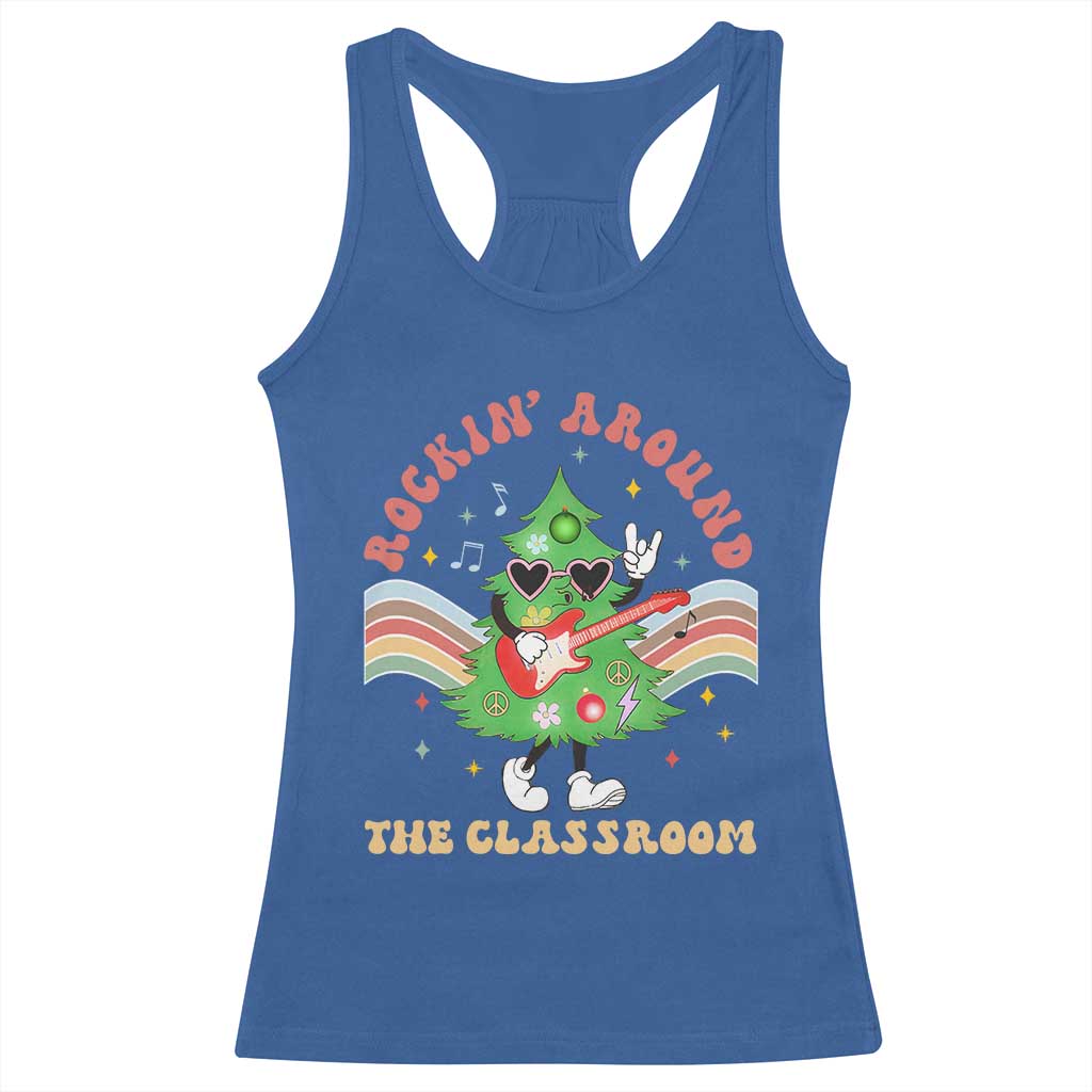 Teacher Christmas Racerback Tank Top Rockin' Around The Classroom Groovy Xmas Tree TS02 Royal Blue Print Your Wear