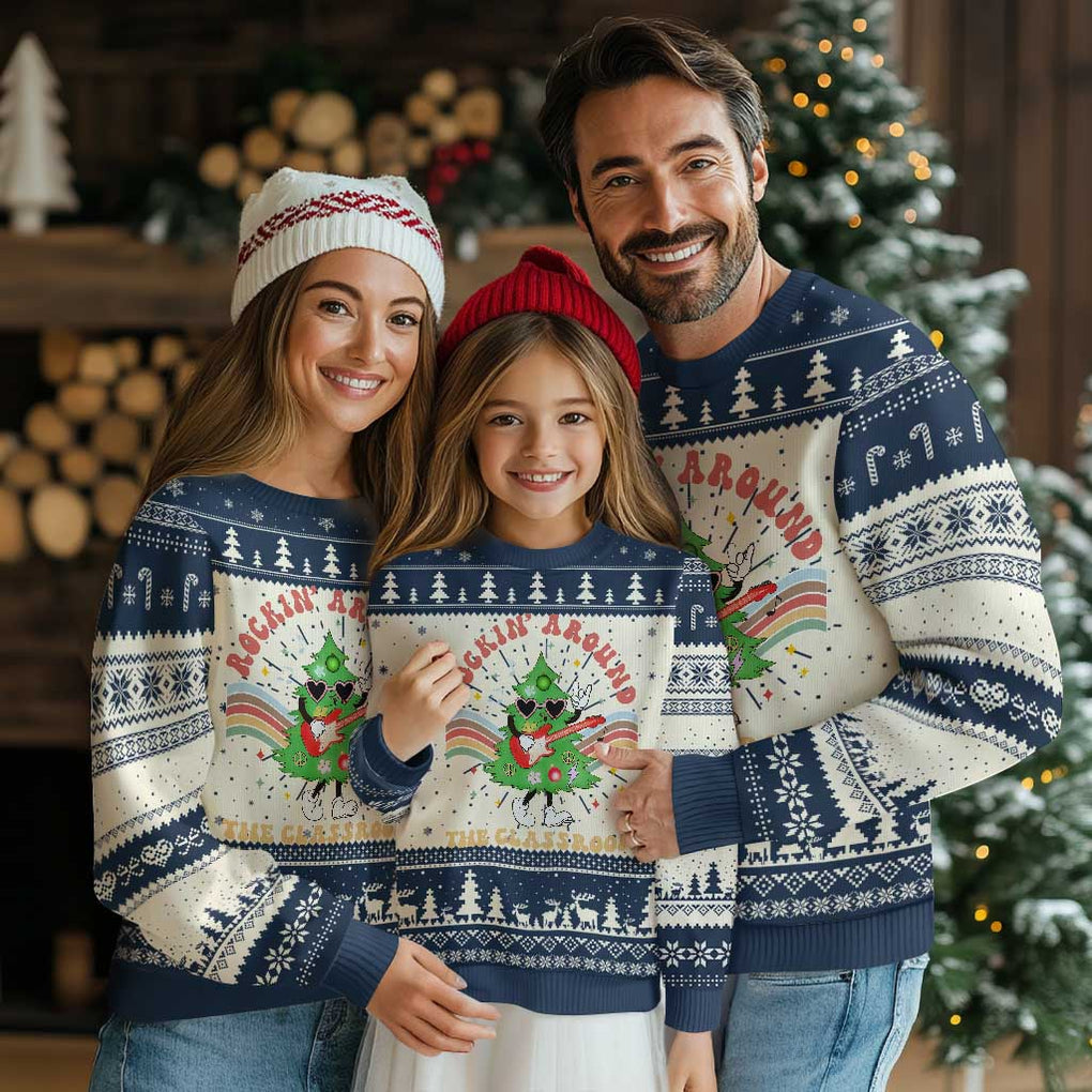 Teacher Christmas Ugly Christmas Sweater Rockin' Around The Classroom Groovy Xmas Tree TS02 Navy Print Your Wear