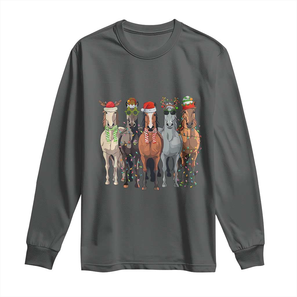 Funny Christmas Horse Long Sleeve Shirt Xmas Light Reindeer Horses Crew with Santa Hat TS02 Dark Heather Print Your Wear