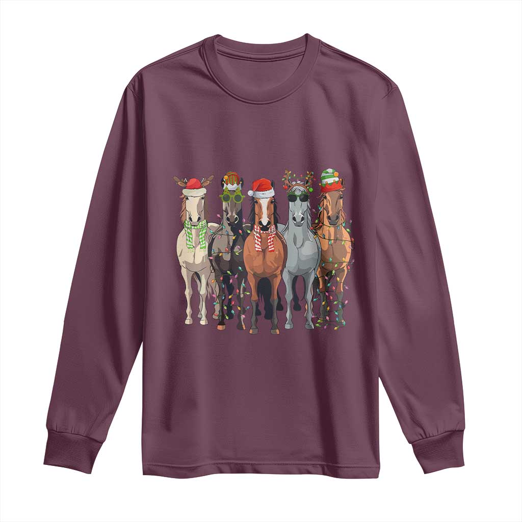 Funny Christmas Horse Long Sleeve Shirt Xmas Light Reindeer Horses Crew with Santa Hat TS02 Maroon Print Your Wear