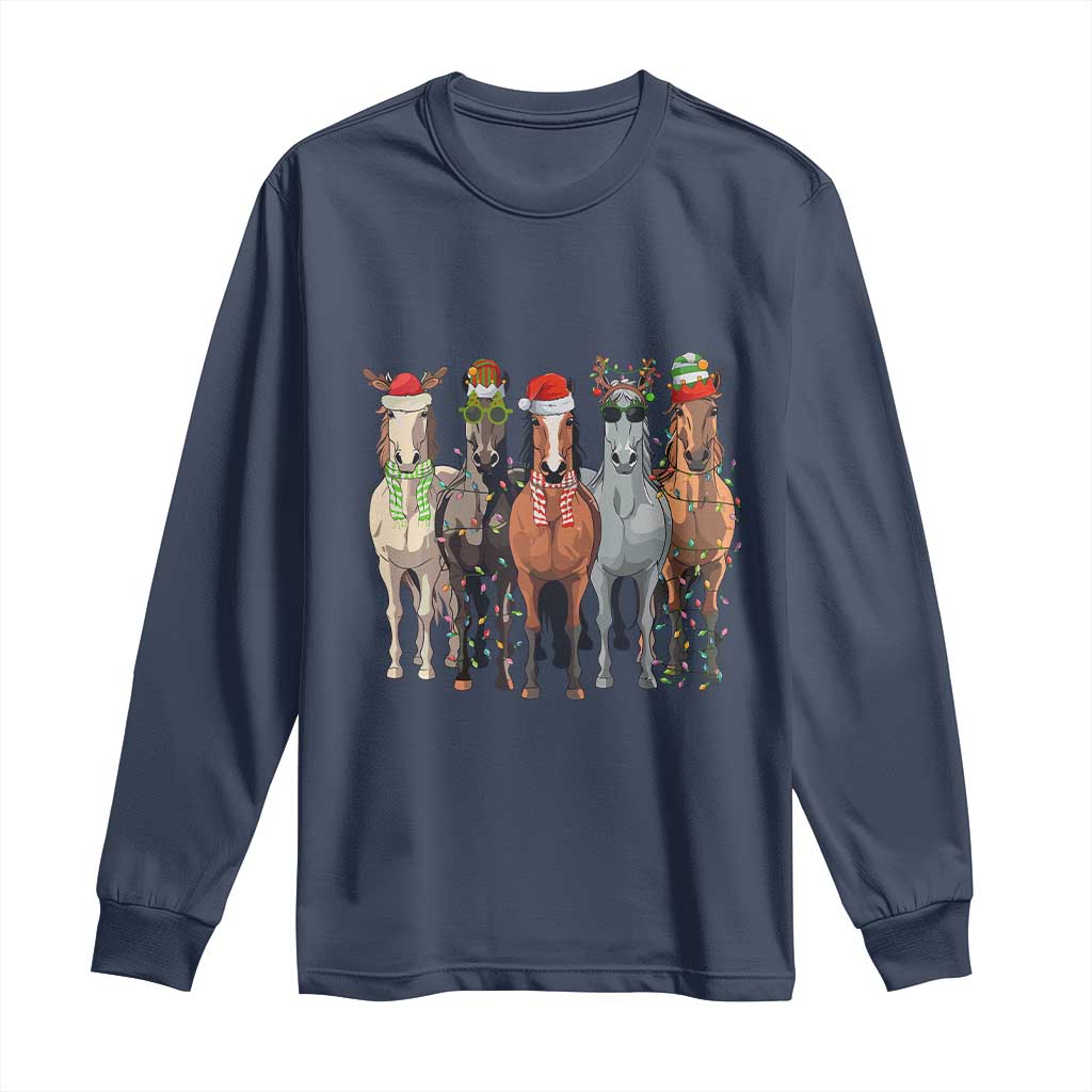 Funny Christmas Horse Long Sleeve Shirt Xmas Light Reindeer Horses Crew with Santa Hat TS02 Navy Print Your Wear