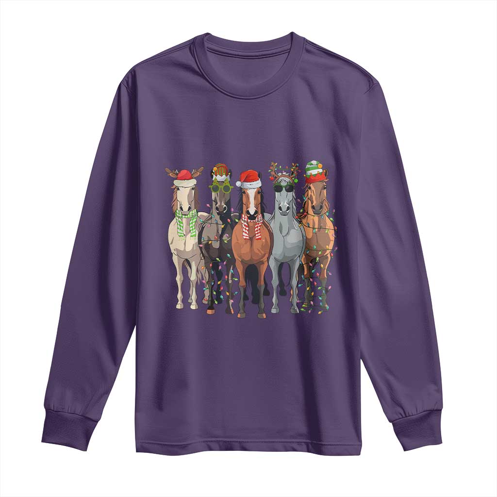 Funny Christmas Horse Long Sleeve Shirt Xmas Light Reindeer Horses Crew with Santa Hat TS02 Purple Print Your Wear