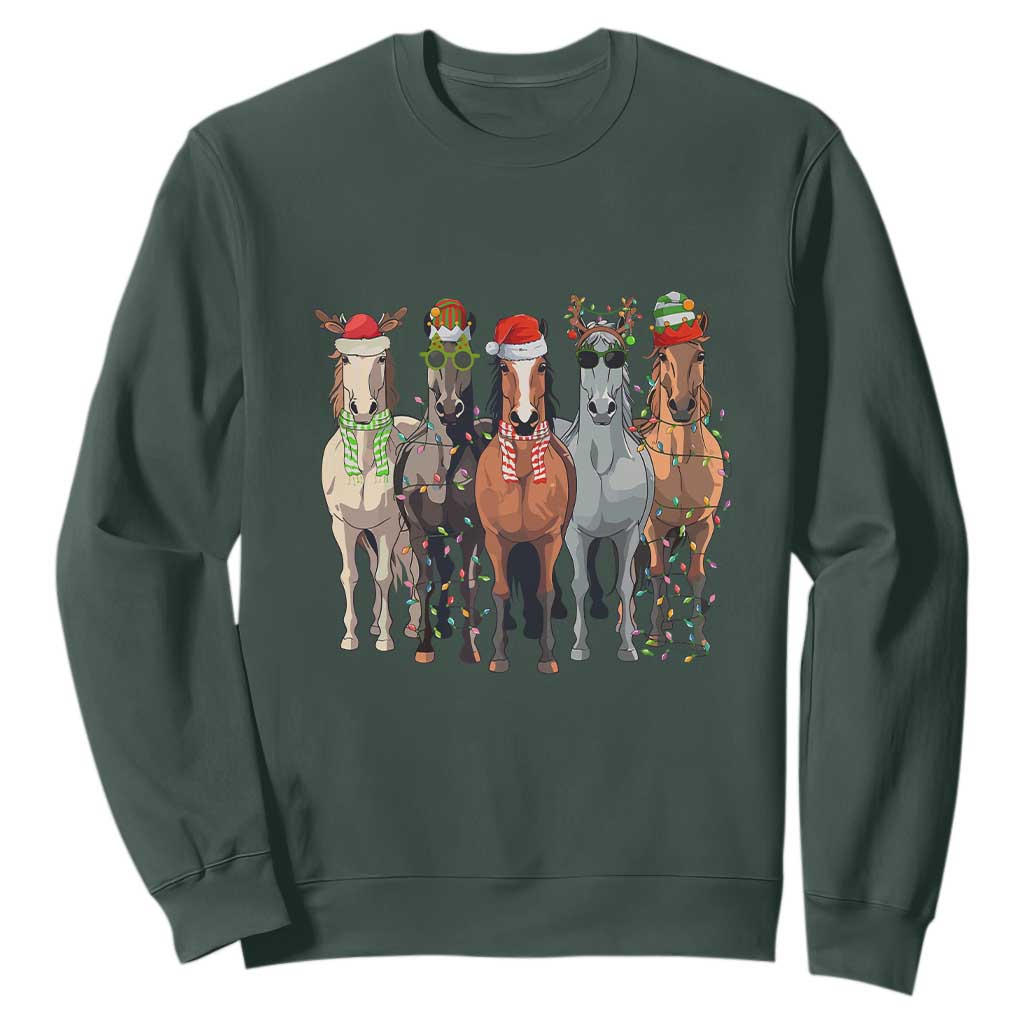 Funny Christmas Horse Sweatshirt Xmas Light Reindeer Horses Crew with Santa Hat TS02 Dark Forest Green Print Your Wear