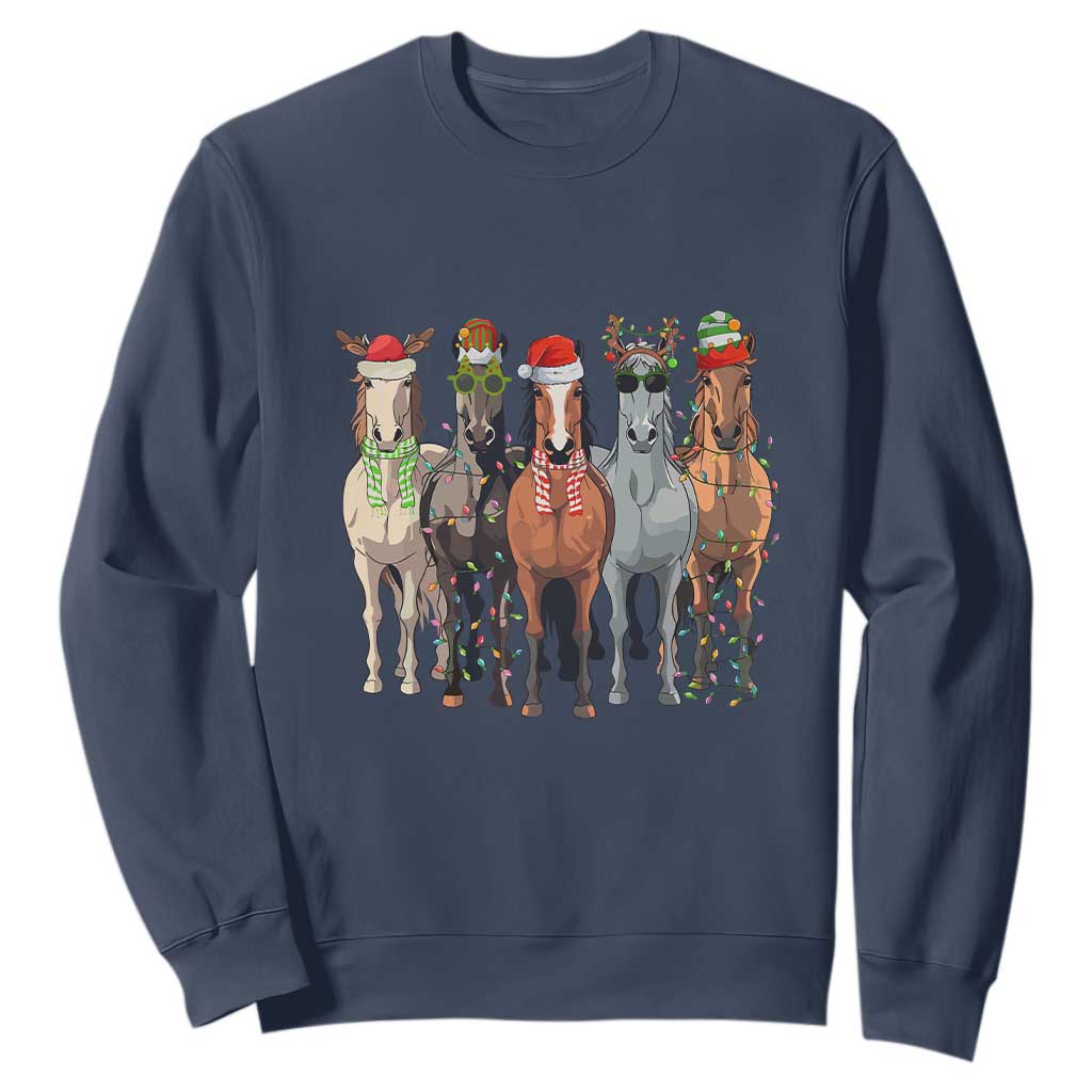 Funny Christmas Horse Sweatshirt Xmas Light Reindeer Horses Crew with Santa Hat TS02 Navy Print Your Wear