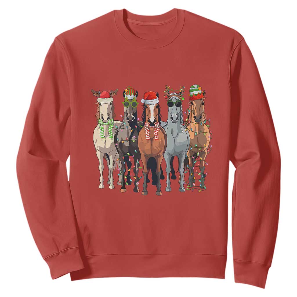 Funny Christmas Horse Sweatshirt Xmas Light Reindeer Horses Crew with Santa Hat TS02 Red Print Your Wear