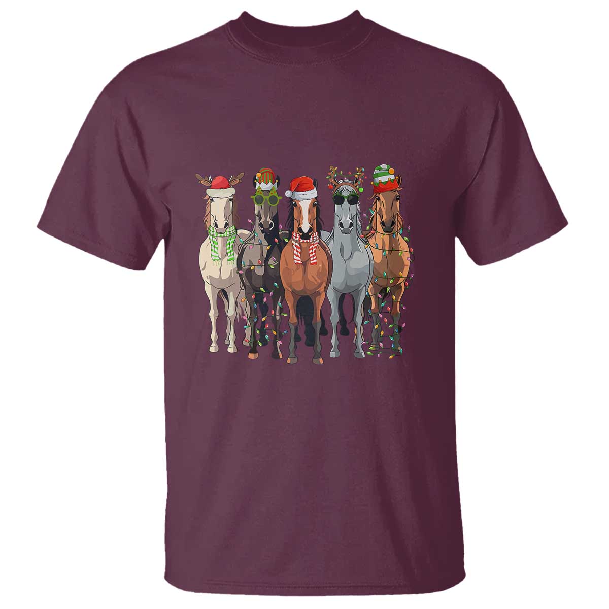 Funny Christmas Horse T Shirt Xmas Light Reindeer Horses Crew with Santa Hat TS02 Maroon Print Your Wear