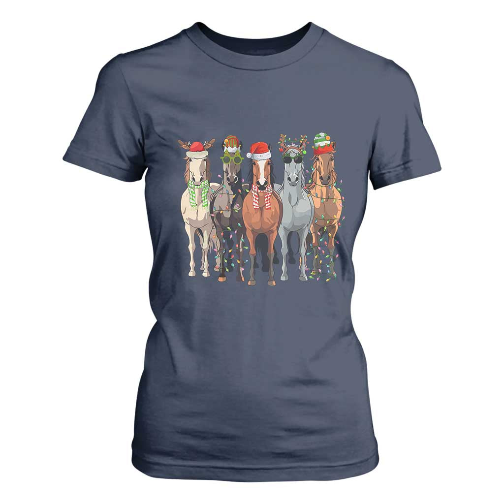 Funny Christmas Horse T Shirt For Women Xmas Light Reindeer Horses Crew with Santa Hat TS02 Navy Print Your Wear