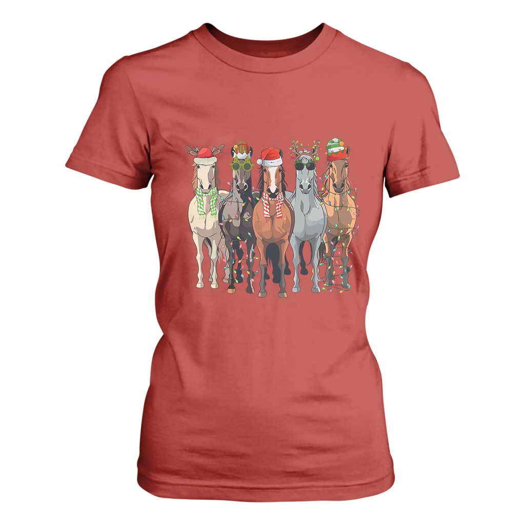 Funny Christmas Horse T Shirt For Women Xmas Light Reindeer Horses Crew with Santa Hat TS02 Red Print Your Wear