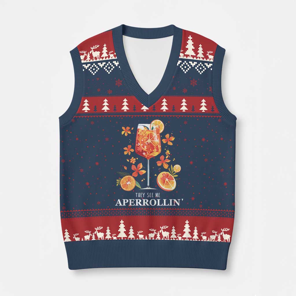 Aperol Spritz V-Neck Knit Sweater Vest They See Me Aperrollin Summer Cocktail TS02 Navy Red Print Your Wear