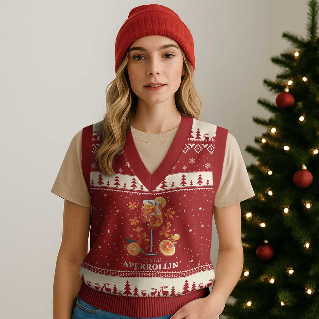Aperol Spritz V-Neck Knit Sweater Vest They See Me Aperrollin Summer Cocktail TS02 Red Beige Print Your Wear