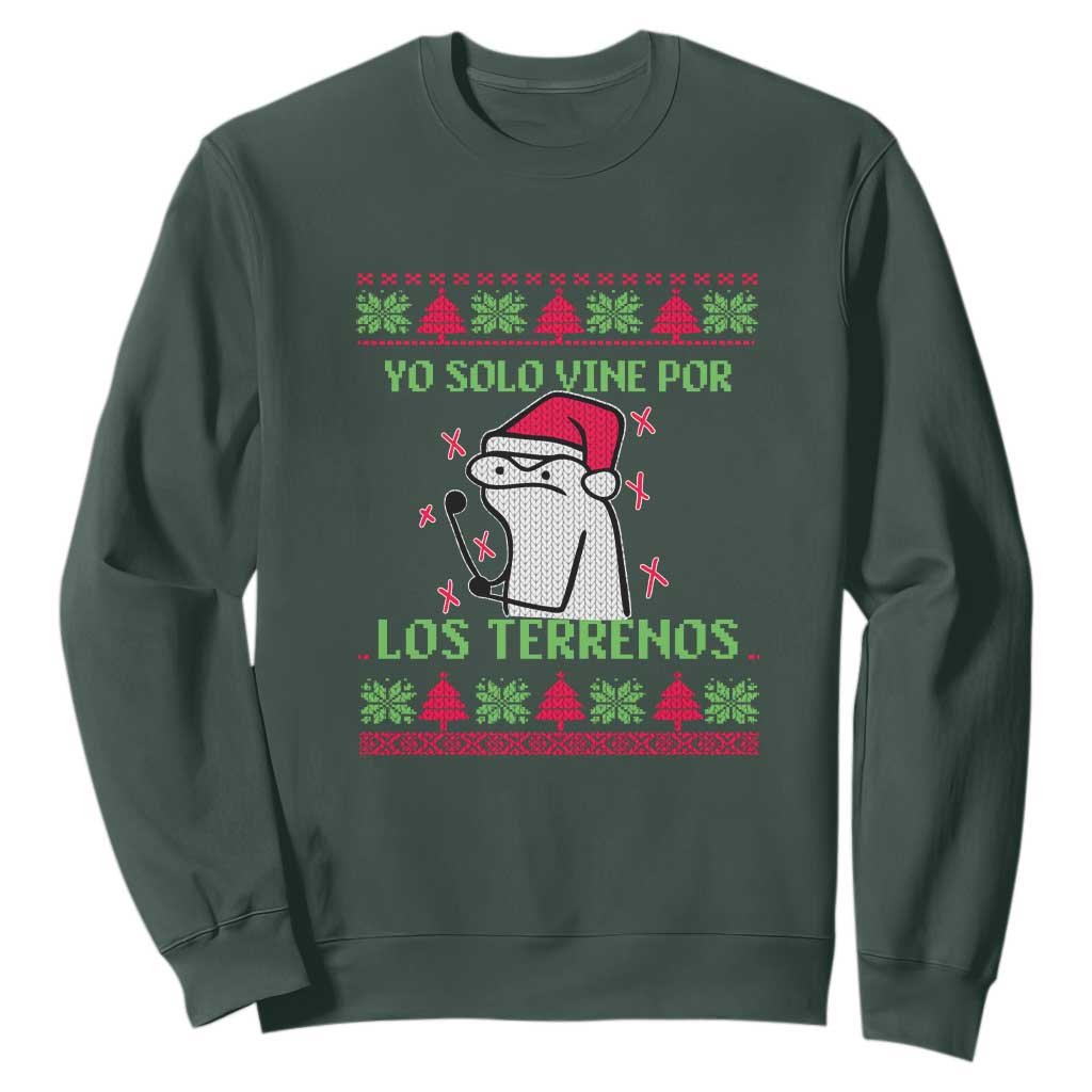Funny Spanish Ugly Christmas Sweatshirt Yo Solo Vine Por Los Terrenos I'm Just Here For Feliz Navidad Mexican TS02 Dark Forest Green Print Your Wear
