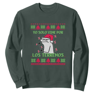 Funny Spanish Ugly Christmas Sweatshirt Yo Solo Vine Por Los Terrenos I'm Just Here For Feliz Navidad Mexican TS02 Dark Forest Green Print Your Wear