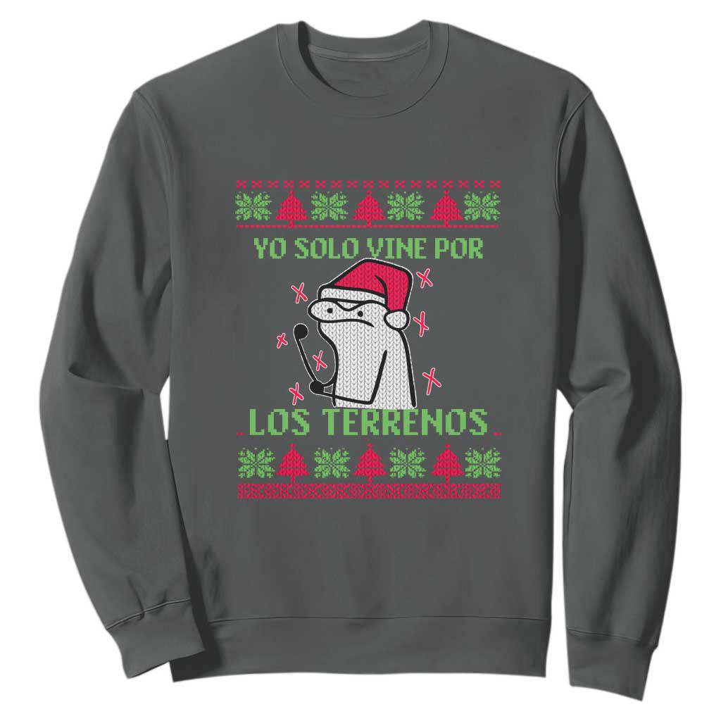 Funny Spanish Ugly Christmas Sweatshirt Yo Solo Vine Por Los Terrenos I'm Just Here For Feliz Navidad Mexican TS02 Dark Heather Print Your Wear