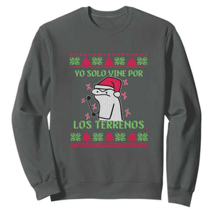 Funny Spanish Ugly Christmas Sweatshirt Yo Solo Vine Por Los Terrenos I'm Just Here For Feliz Navidad Mexican TS02 Dark Heather Print Your Wear