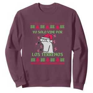 Funny Spanish Ugly Christmas Sweatshirt Yo Solo Vine Por Los Terrenos I'm Just Here For Feliz Navidad Mexican TS02 Maroon Print Your Wear