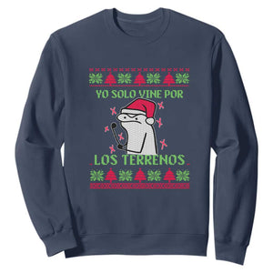 Funny Spanish Ugly Christmas Sweatshirt Yo Solo Vine Por Los Terrenos I'm Just Here For Feliz Navidad Mexican TS02 Navy Print Your Wear