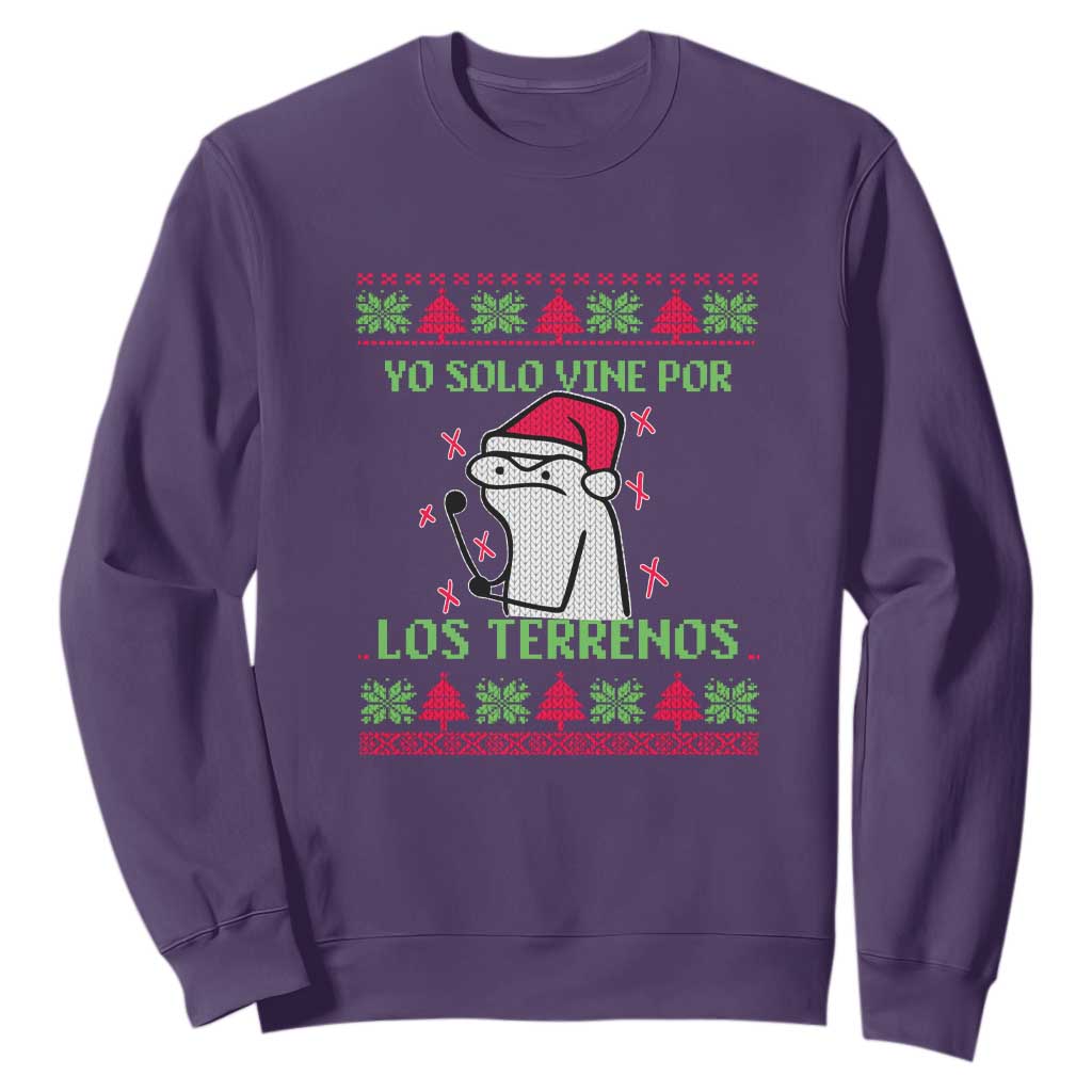 Funny Spanish Ugly Christmas Sweatshirt Yo Solo Vine Por Los Terrenos I'm Just Here For Feliz Navidad Mexican TS02 Purple Print Your Wear