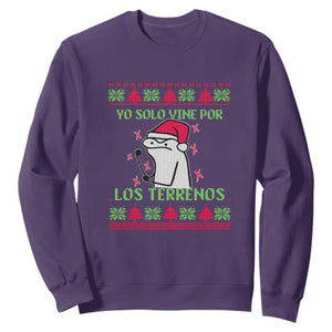 Funny Spanish Ugly Christmas Sweatshirt Yo Solo Vine Por Los Terrenos I'm Just Here For Feliz Navidad Mexican TS02 Purple Print Your Wear