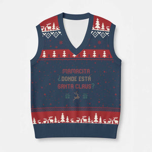 Funny Spanish Xmas V-Neck Knit Sweater Vest Mamacita Donde Esta Santa Claus Mexican Hottie TS02 Navy Red Print Your Wear