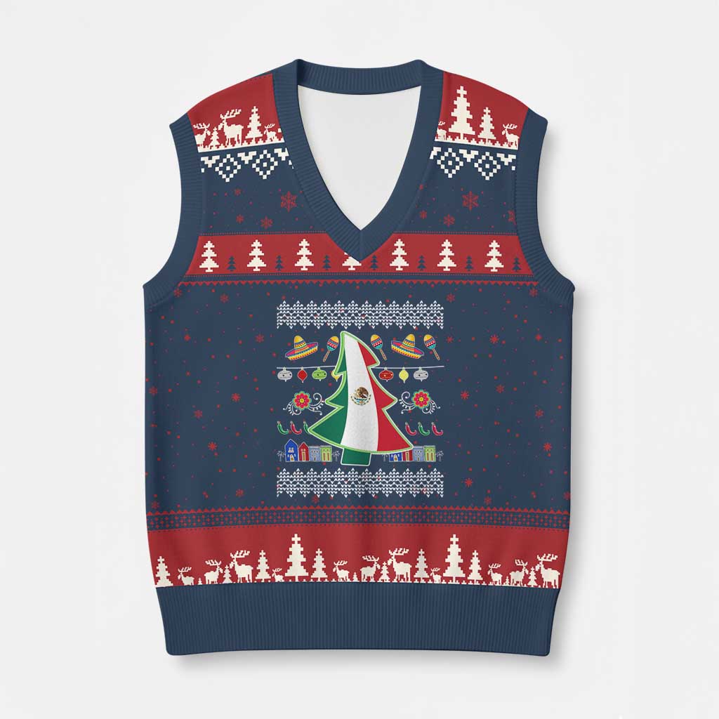 Mexican Xmas V-Neck Knit Sweater Vest Mexico Flag Xmas Tree Ugly Sweater TS02 Navy Red Print Your Wear