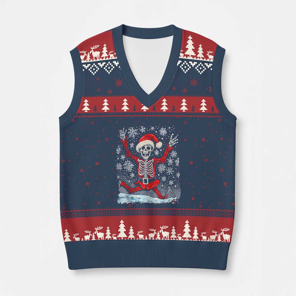 Dancing Skeleton Xmas V-Neck Knit Sweater Vest Snowy Xmas Night Santa TS02 Navy Red Print Your Wear