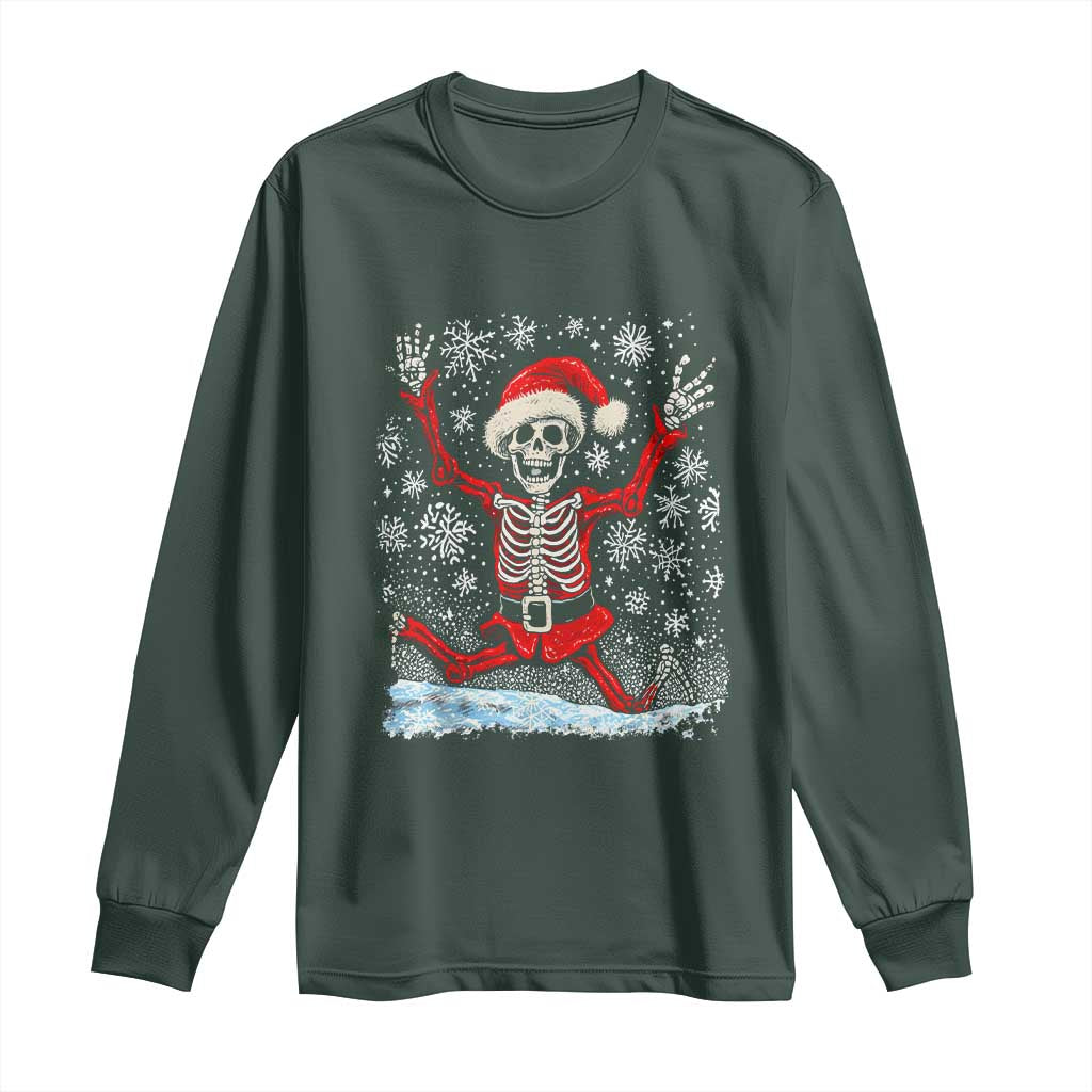 Dancing Skeleton Christmas Long Sleeve Shirt Snowy Xmas Night Santa TS02 Dark Forest Green Print Your Wear