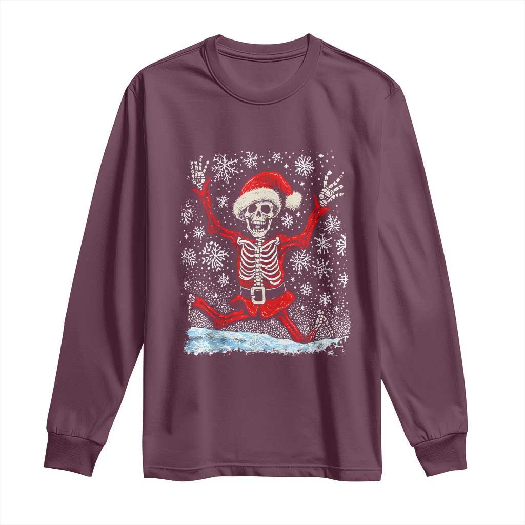 Dancing Skeleton Christmas Long Sleeve Shirt Snowy Xmas Night Santa TS02 Maroon Print Your Wear